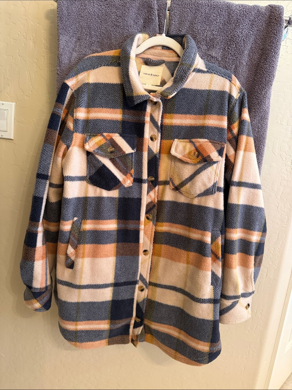 Thread & Supply Plaid Shacket in Blue, Peach & Cream